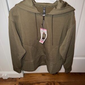 DKNY Women's Khaki Ribbed Zip-Up Hoodie